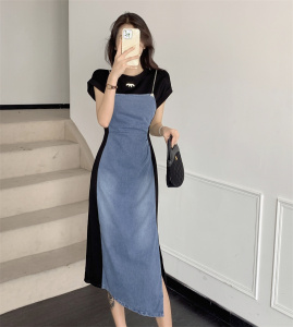 RM21069#牛仔裙自带瘦腰特效中长款拼接设计牛仔裙春秋套头