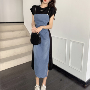 RM21069#牛仔裙自带瘦腰特效中长款拼接设计牛仔裙春秋套头