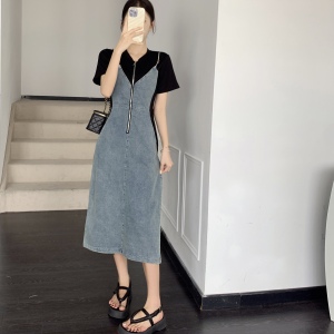 RM21070#牛仔裙自带瘦腰特效中长款拼接设计牛仔裙春秋套头