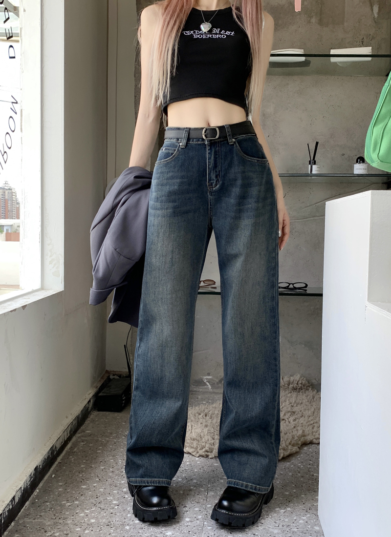 Actual shot of 202 spring new narrow version high waist elastic straight loose casual floor mopping denim trousers