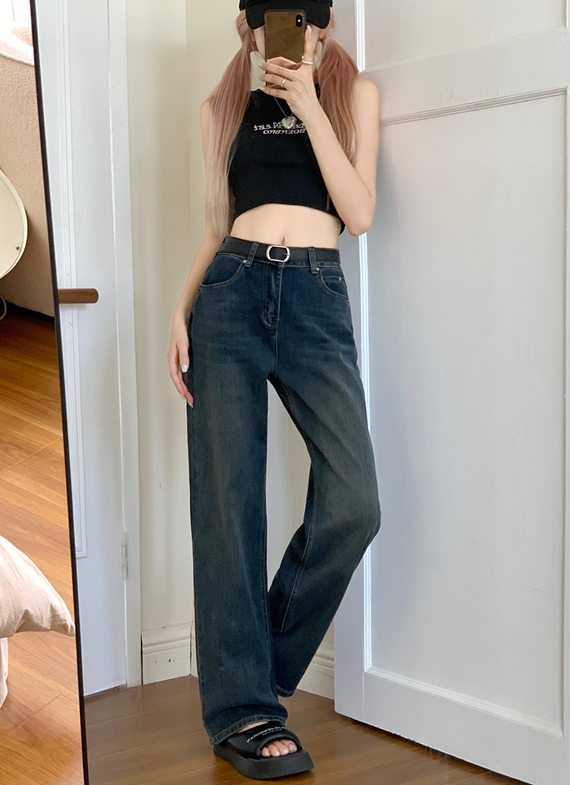 Actual shot of 202 spring new narrow version high waist elastic straight loose casual floor mopping denim trousers