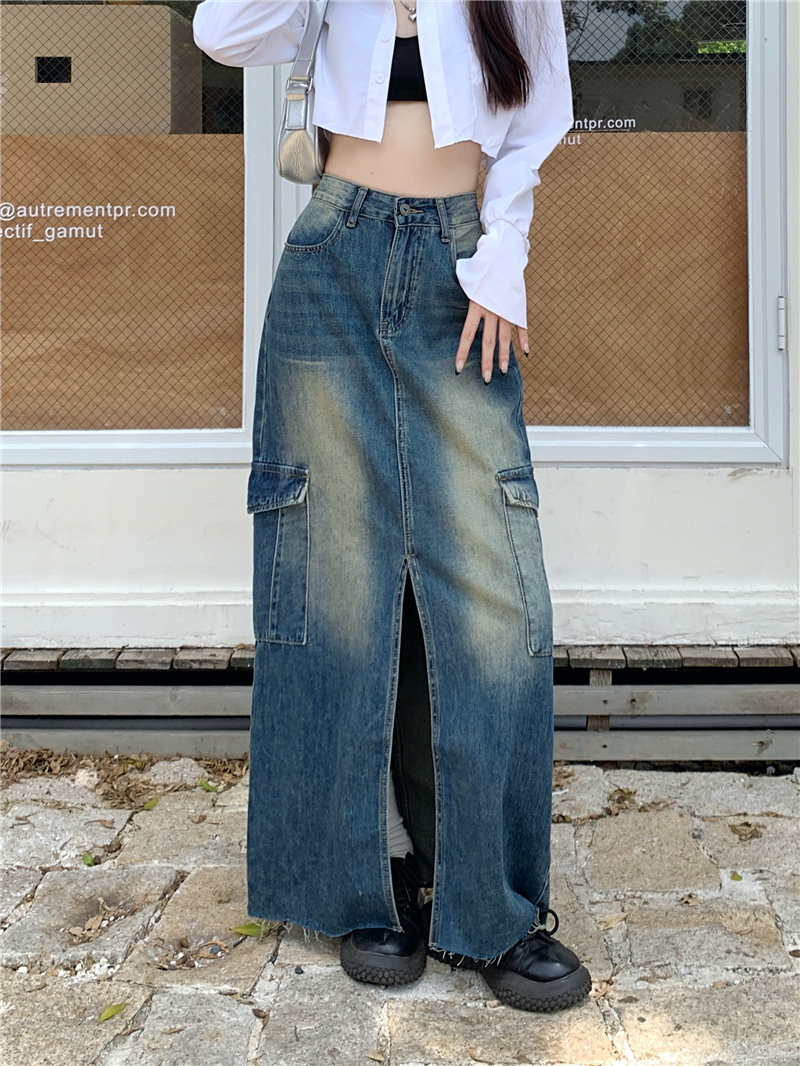 ~Korean style high-waisted loose workwear A-line denim slit skirt for women