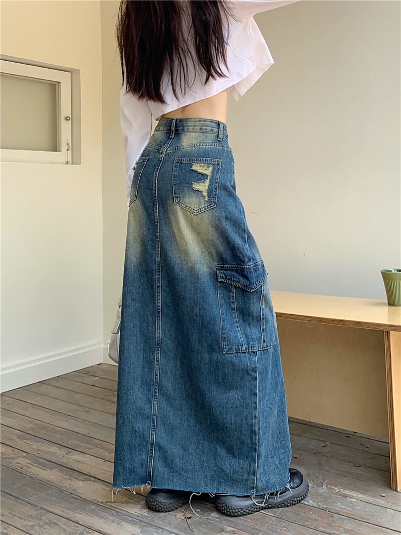 ~Korean style high-waisted loose workwear A-line denim slit skirt for women