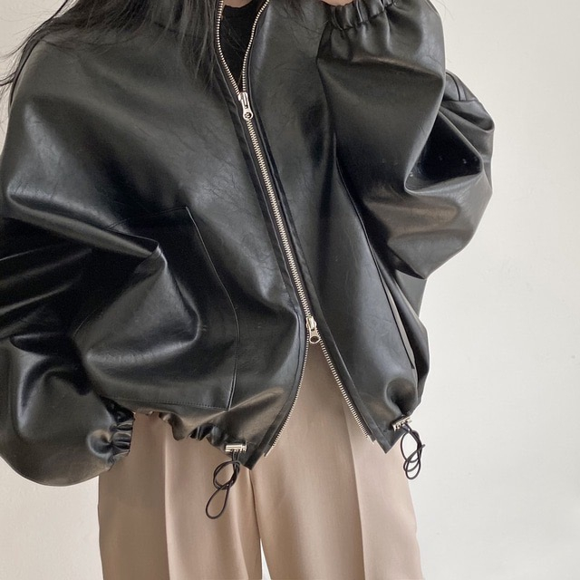 Korean chic autumn niche handsome stand collar zipper large pocket design drawstring tie motorcycle leather jacket female