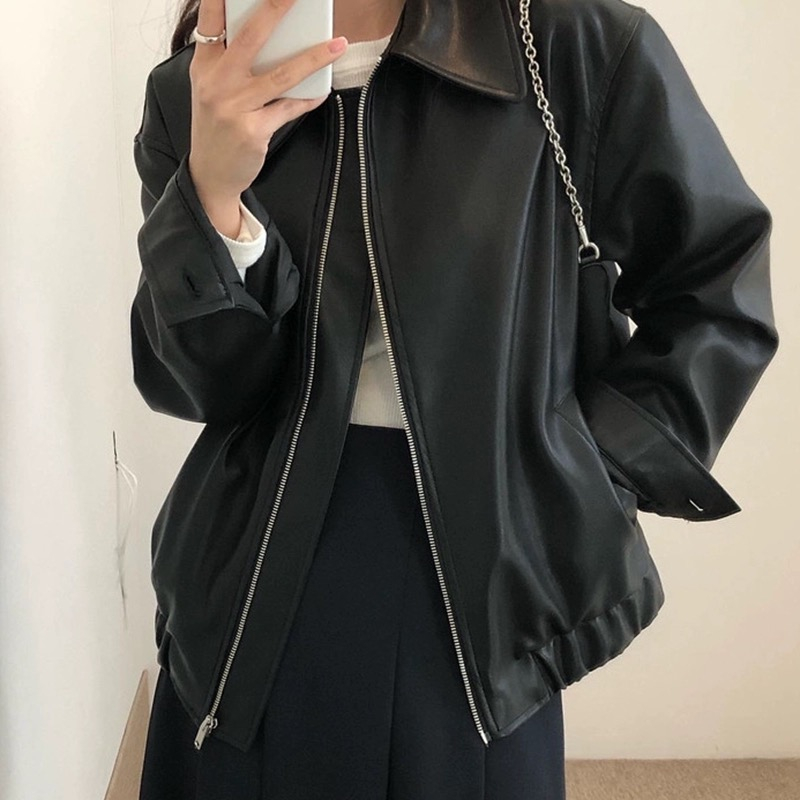 Korean chic autumn personality handsome lapel zipper design loose casual long-sleeved motorcycle suit leather jacket female