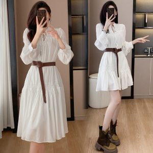 TR46491# ~新款法式长袖收腰显瘦白色连衣裙子~短款+长款 服装批发女装批发服饰货源