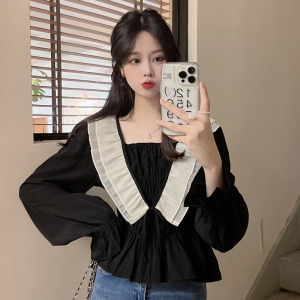RM21112#新款女装韩版大码法式荷叶边黑色长袖衬衫遮肚显瘦小衫上衣