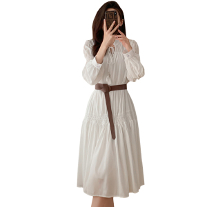 TR46491# ~新款法式长袖收腰显瘦白色连衣裙子~短款+长款 服装批发女装批发服饰货源
