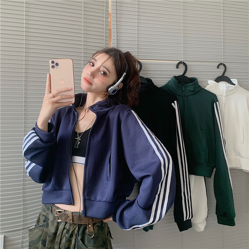 Spicy cool stand-up collar striped zipper long-sleeved baseball uniform autumn and winter 2023 new loose short temperament jacket female