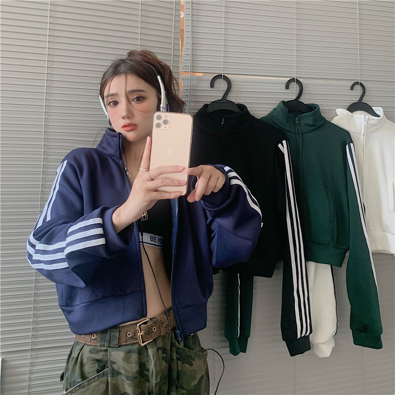 Spicy cool stand-up collar striped zipper long-sleeved baseball uniform autumn and winter 2023 new loose short temperament jacket female