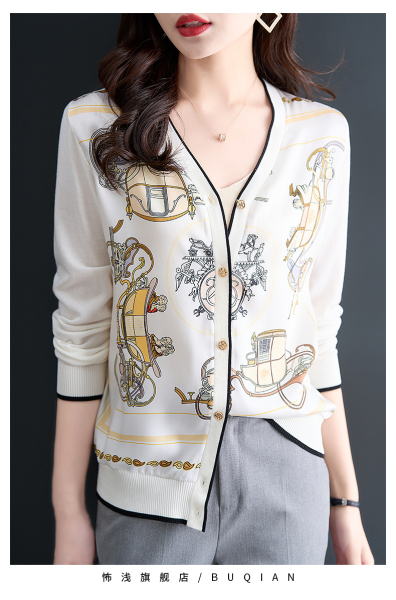 RM21446#新款爆款外套上衣女长袖宽V领印花拼接针织衫薄款开衫