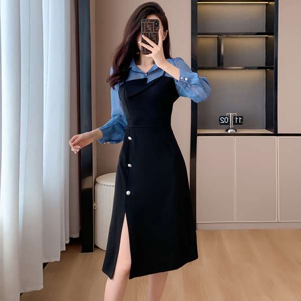 RM22464#新款修身衬衫拼接显瘦开叉中长款连衣裙