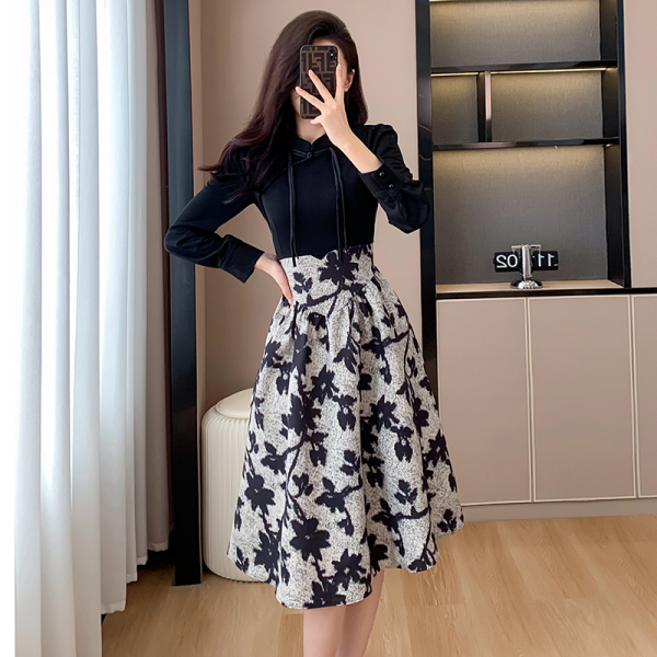 RM21993#改良旗袍新中式拼接显瘦时尚长款短款连衣裙