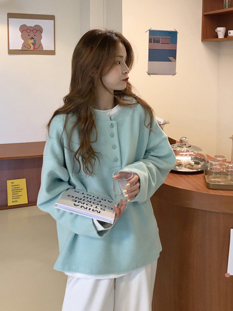 韩国东大门米尼布6535棉 秋冬季薄款卫衣女长袖纯色 后包条