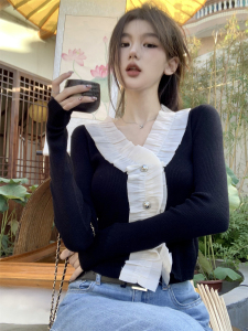 TR49057# 韩系时尚单排扣V领蕾丝花边短款修身显瘦长袖针织衫  服装批发女装批发服饰货源