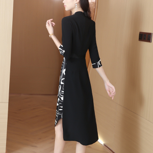 RM21275#印花黑色连衣裙女秋季新款复古高级感摩登时尚收腰气质裙子