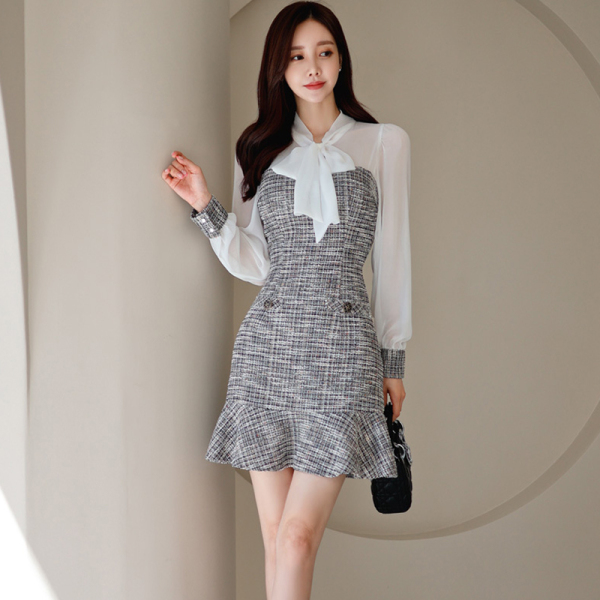 RM21428#新款韩版时尚拼接小香风领口系蝴蝶结气质减龄荷叶边裙