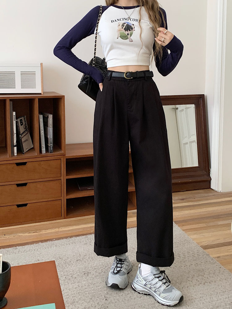 ~Autumn new style Korean design washed cotton wide-leg pants casual pants straight-leg pants for women with belt