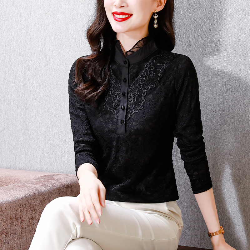 半高領蕾絲打底衫女2023年春秋新款加絨加厚保暖上衣黑色洋氣小衫