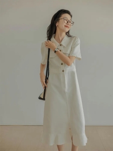 RM21524#法式优雅白色通勤牛仔连衣裙女2023年夏季新款a字鱼尾裙显瘦气质