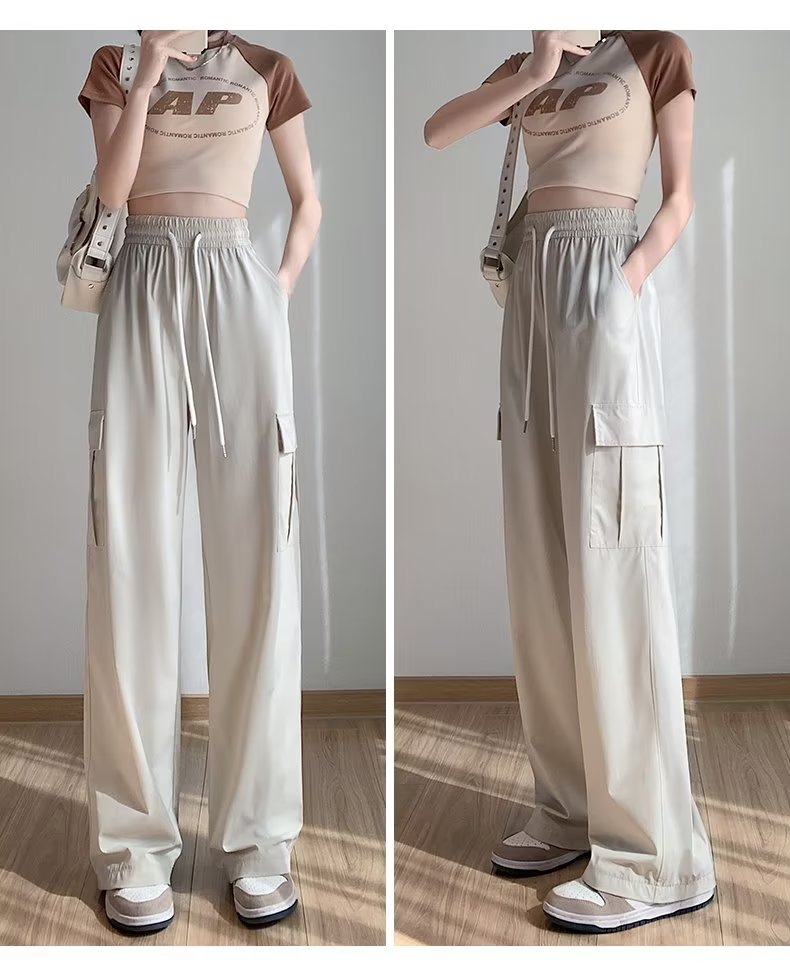 European and American high street design sense pleated wide-leg casual pants women's summer thin section thin section straight tube drape feet mopping trousers