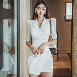 RM22430#夏季新款韩版气质修身西装领拼接织带时尚职业连衣裙女