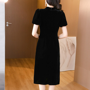RM24246#新中式复古丝绒连衣裙小众镂空立领泡泡袖改良旗袍中长裙
