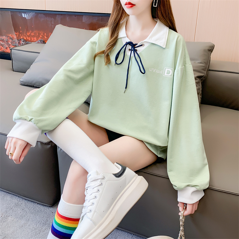 2023 new autumn bottoming shirt college style long-sleeved T-shirt women's large size women's back collar 6535 fish scales