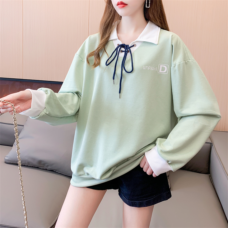 2023 new autumn bottoming shirt college style long-sleeved T-shirt women's large size women's back collar 6535 fish scales