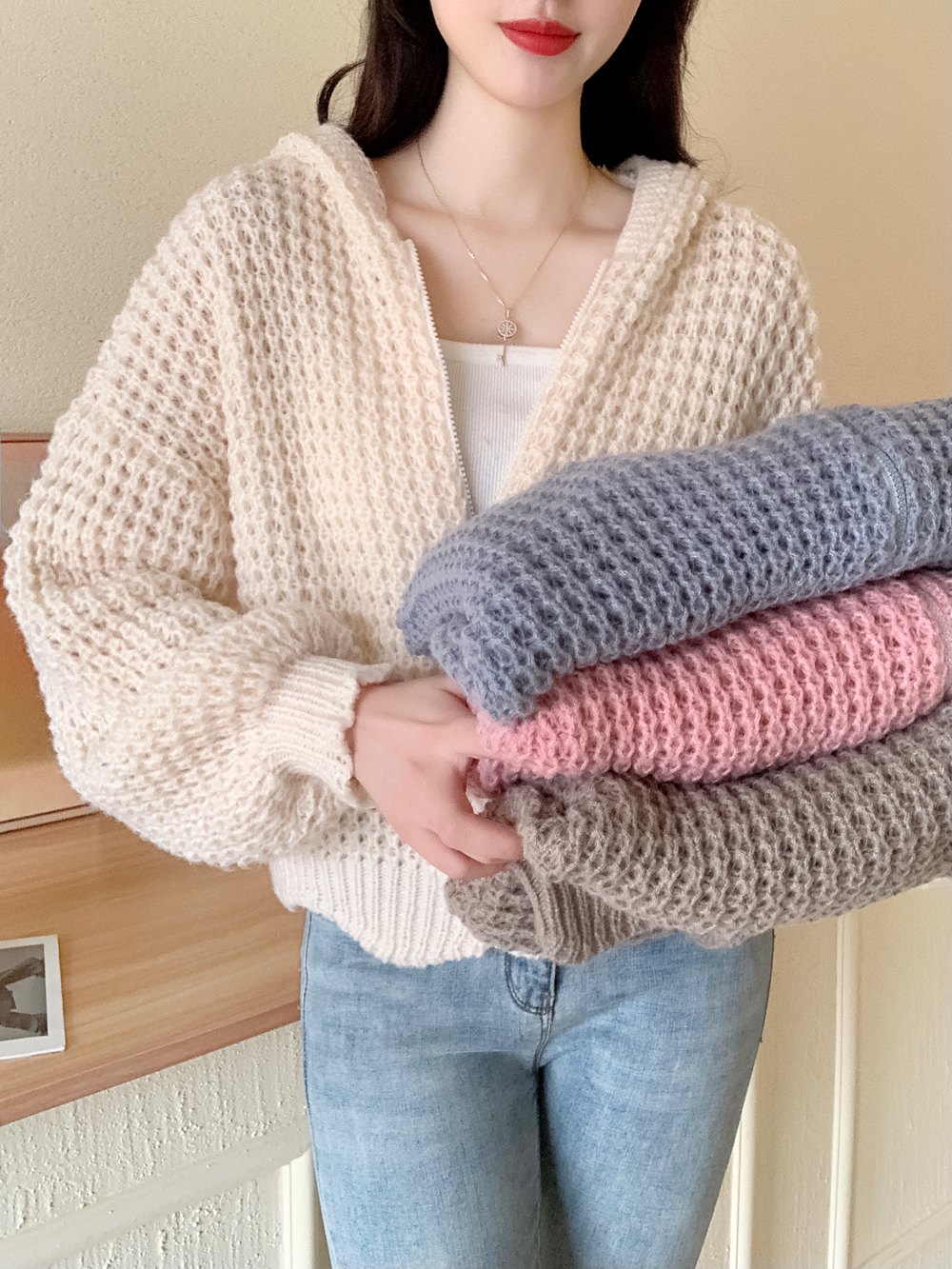 Korean purchasing agent high collar warm retro thick needle lapel knit sweater lazy loose temperament zipper sweater coat female