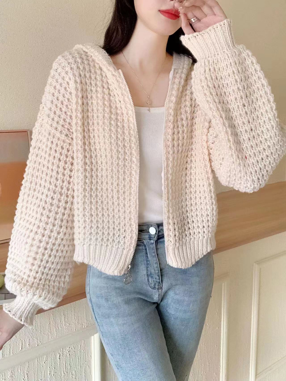 Korean purchasing agent high collar warm retro thick needle lapel knit sweater lazy loose temperament zipper sweater coat female