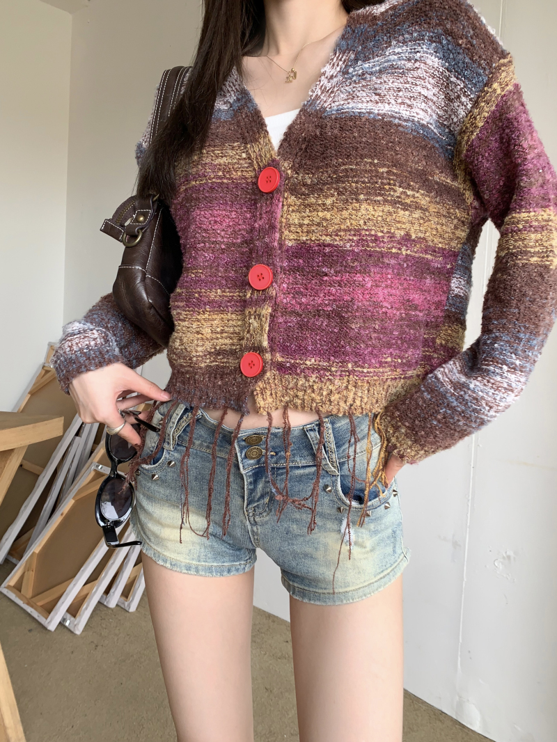 Design Gradient Tassel V-neck Sweater Coat Women Autumn and Winter Loose Knitwear Short Tops