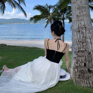 RM24883#法式吊带连衣裙女夏季拼接挂脖显瘦性感度假气质长裙