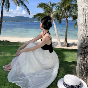 RM24883#法式吊带连衣裙女夏季拼接挂脖显瘦性感度假气质长裙