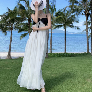 RM24883#法式吊带连衣裙女夏季拼接挂脖显瘦性感度假气质长裙
