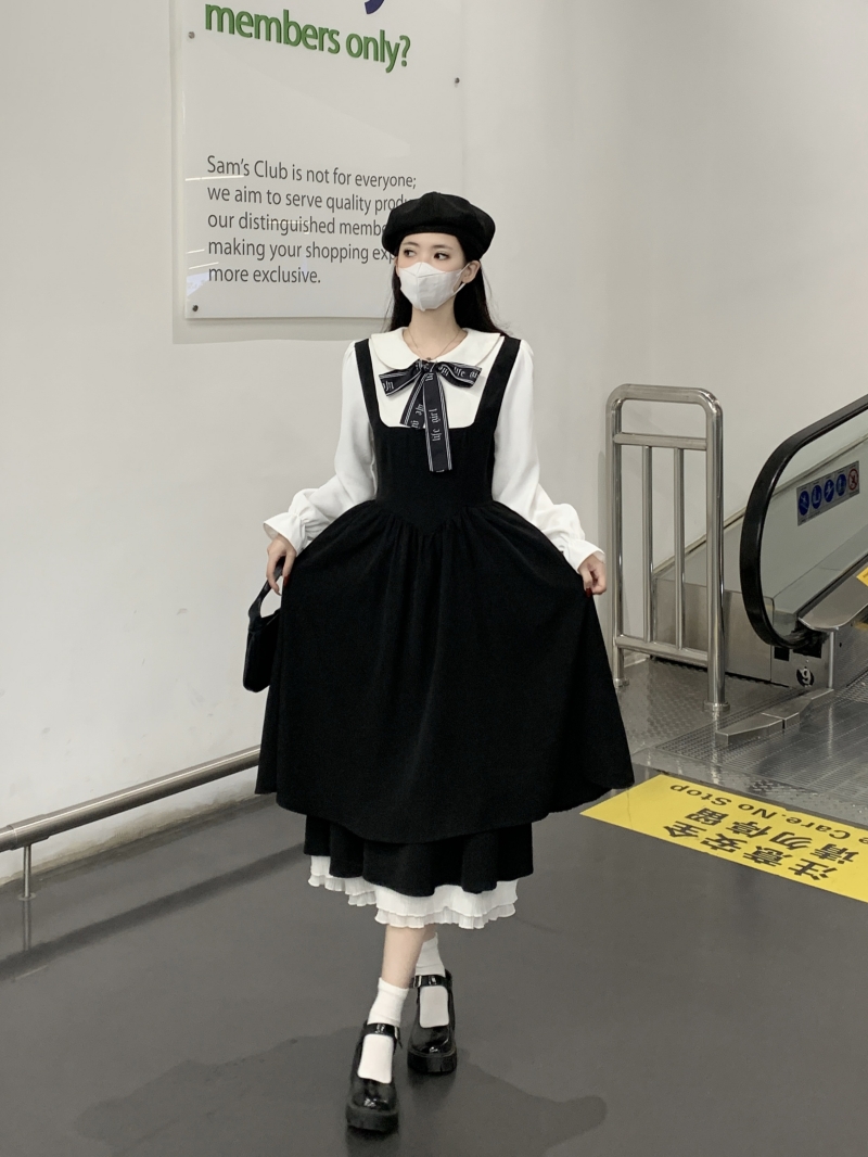 Plus size women's college style Korean style fake two piece dress women's spring and autumn waist Japanese style sweet doll collar little black dress