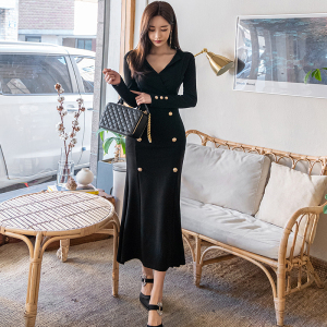 RM22218#新款韩版时尚简约优雅显瘦长款鱼尾包臀性感长袖连衣裙
