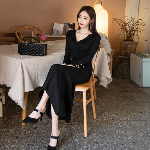 RM22218#新款韩版时尚简约优雅显瘦长款鱼尾包臀性感长袖连衣裙