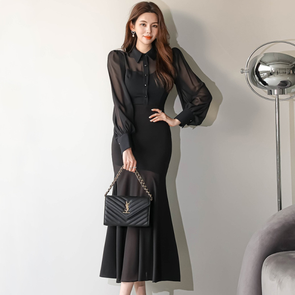 RM22202#新款韩版时尚拼接气质名媛修身中长款荷叶边包臀连衣裙