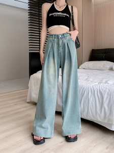 RM21302#大码女装胖mm设计感高腰显瘦小众牛仔宽松直筒阔腿裤拖地裤