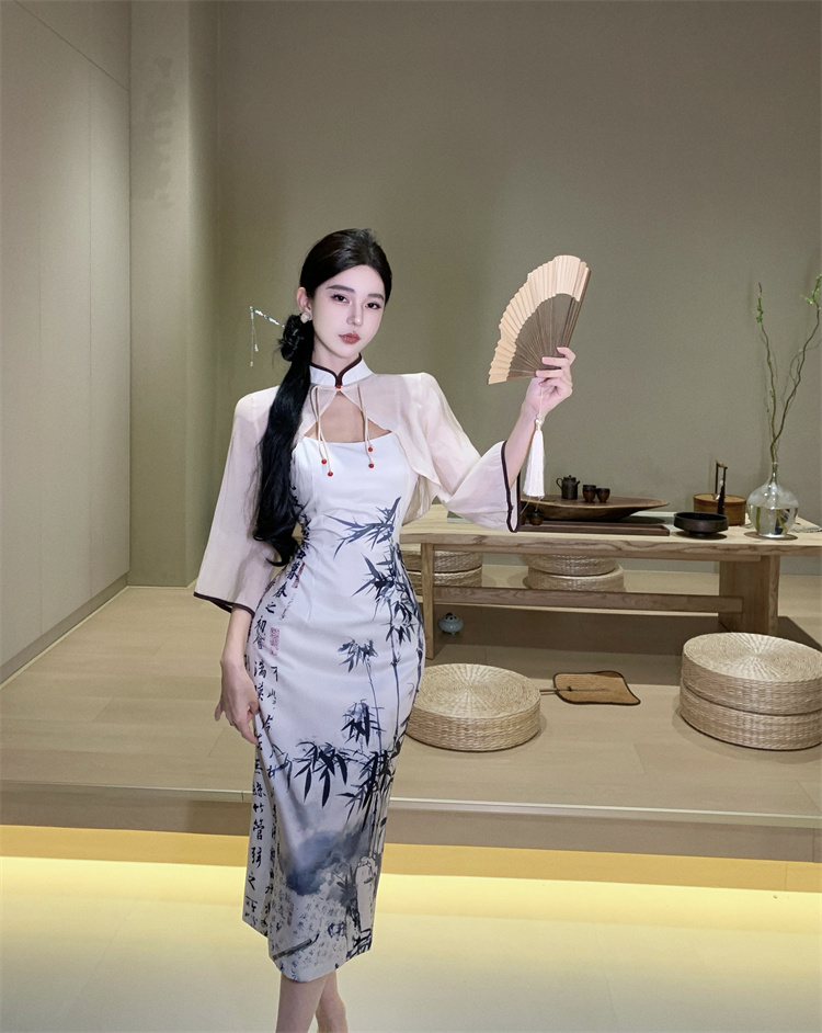 實拍實價   國風小披肩+印花禪意吊帶開叉旗袍連衣裙