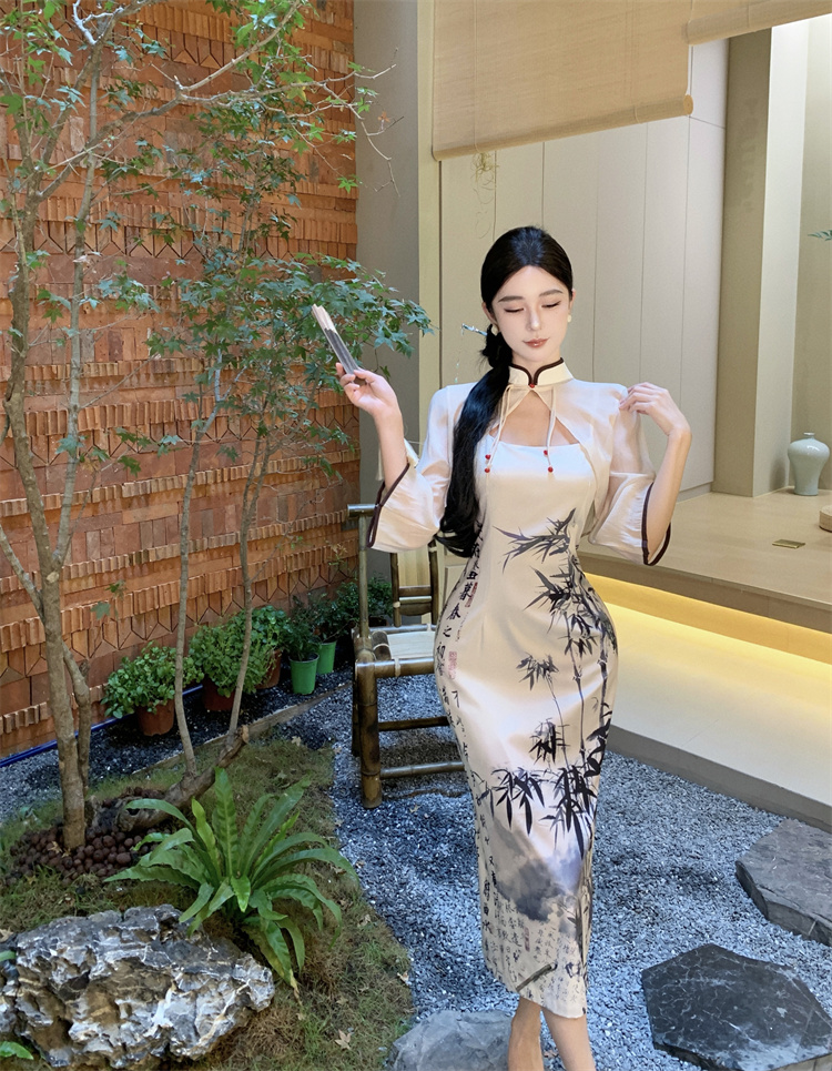 實拍實價   國風小披肩+印花禪意吊帶開叉旗袍連衣裙
