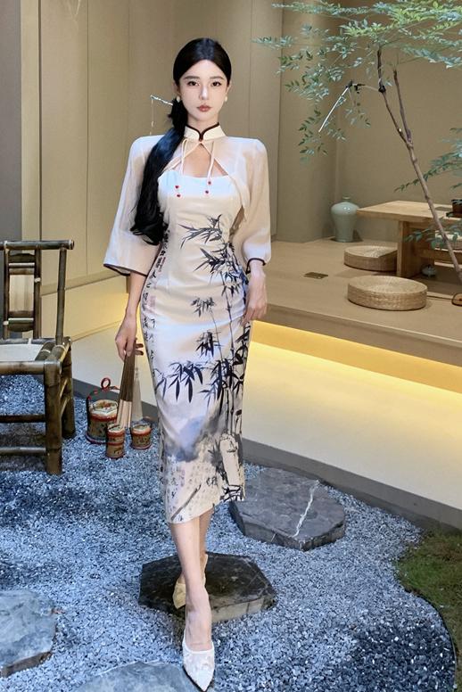 實拍實價   國風小披肩+印花禪意吊帶開叉旗袍連衣裙