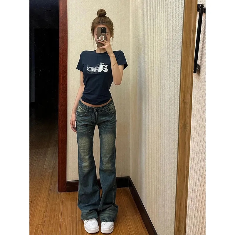 Retro washed splicing low-waisted design salty bootcut jeans for trendy girls high street spring and summer wide-legged flared pants