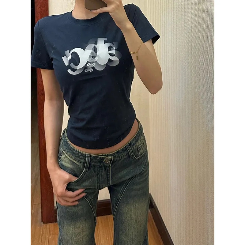 Retro washed splicing low-waisted design salty bootcut jeans for trendy girls high street spring and summer wide-legged flared pants