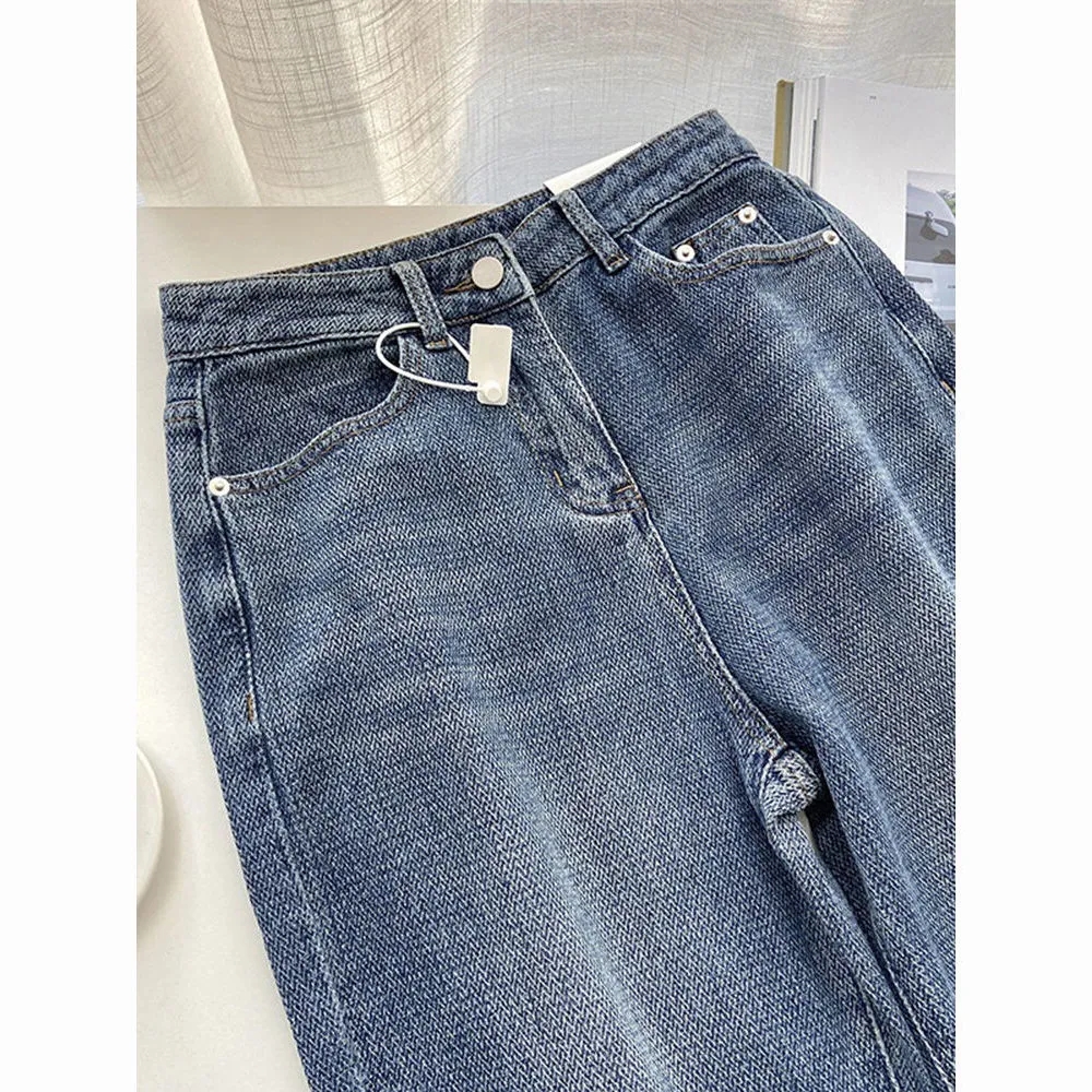 American retro blue straight jeans women's spring and autumn design sense niche high waist loose wide leg floor mopping trousers