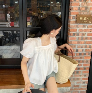 TR47357# 法式蕾丝短袖衬衫甜美小衫新夏季女方领泡泡袖上衣韩版 服装批发女装批发服饰货源