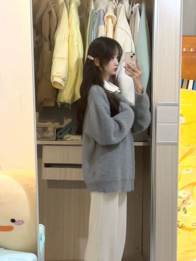 韩系慵懒风毛衣女冬季设计感小众polo领复古马海毛高级感针织上衣