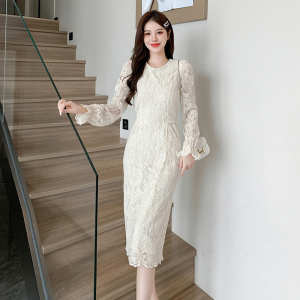RM21372#新款法式名媛高级感收腰显瘦长裙长袖气质蕾丝连衣裙