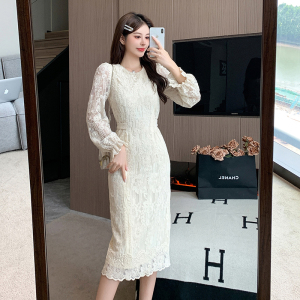 RM21372#新款法式名媛高级感收腰显瘦长裙长袖气质蕾丝连衣裙